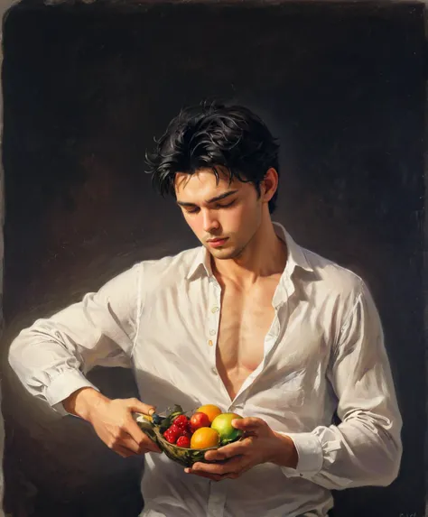 Draw Narcissus, sitting at a long wooden table, daffodils covered with flowers. This is a young and very handsome guy with dark hair. He has a daffodil flower in his hair. He is narcissistic. In his hands. The expression on his face is narcissistic, proud . He has a mirror in his hands, which he looks at. He's wearing a white toga. The composition is symmetrical, The lighting is warm, golden , On a dark background. Style - classic Italian painting with antique details.