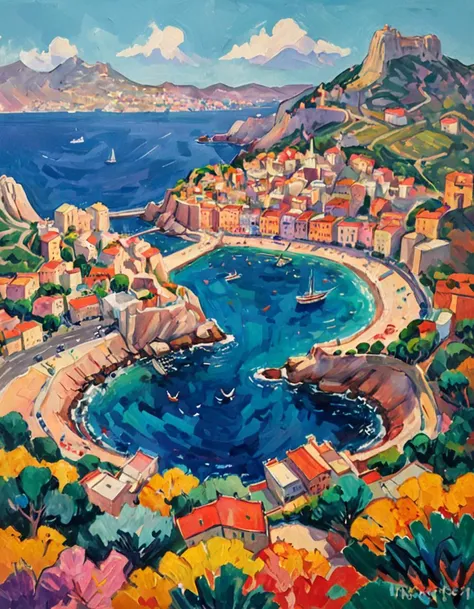 Fauvist Landscape: A vibrant and colorful landscape pirate town,marseille,Garlaban mountains,ocean,with bold brushstrokes and unnatural colors,vibrat color, inspired by Henri Matisse.