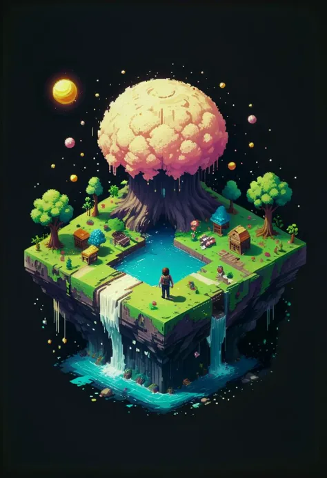 Nostalgic T-shirt, Retro Game Character, Pixelated Landscape, 8-bit Color Palette, Pixel Texture, Pixel Art Style, Isometric Perspective
,T shirt design,TshirtDesignAF,
