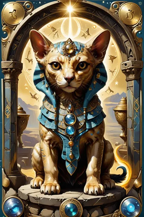 best quality, masterpiece, cute sphinx with riddling voice, intricate details, whimsical, magical <lora:DUSK_XL_TAROTCARD_dadapt_cos_5e4:0.8> Tarot Card Style