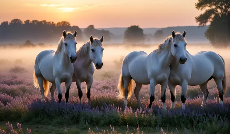 cinematic photo french camargue horses in sundown on mist_ lavender field . 35mm photograph, film, bokeh, professional, 4k, highly detailed