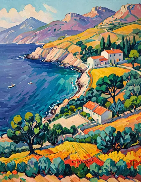 Fauvist Landscape: A vibrant and colorful landscape farmhouse,marseille,Garlaban mountains,ocean,with bold brushstrokes and unnatural colors,vibrat color, inspired by Henri Matisse.