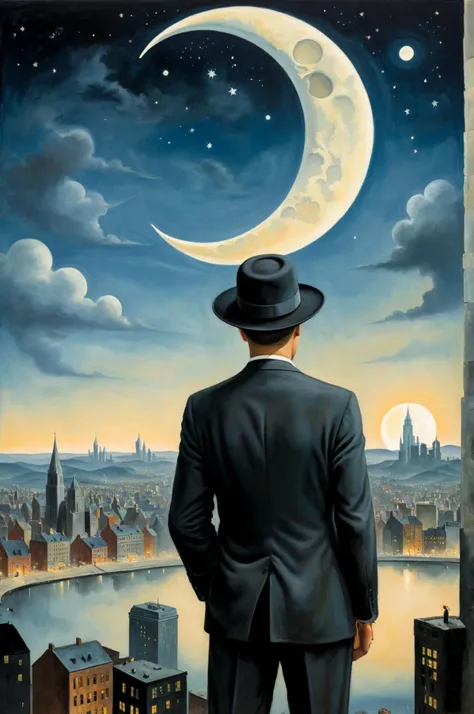 a man in a suit and hat looking at the moon in the sky over a cityscape with a crescent, Desmond Morris, rene magritte. detailed, a surrealist painting, massurrealism