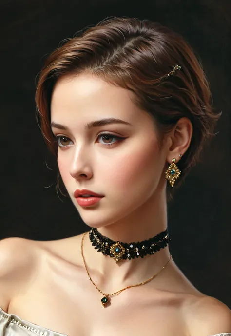 1girl, solo, short_hair, brown_hair, jewelry, earrings, lips, traditional_media, portrait, realistic