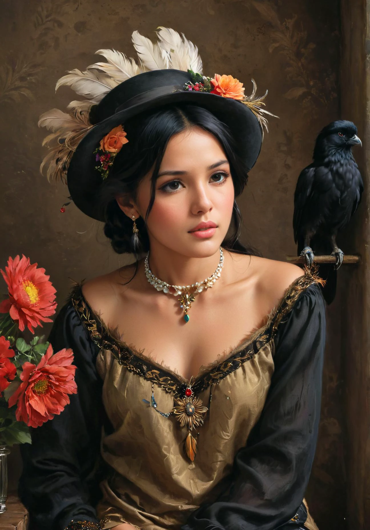 1girl, solo, black_hair, long_sleeves, hat, jewelry, sitting, flower, male_focus, traditional_media, feathers, realistic, faux_traditional_media, fine_art_parody