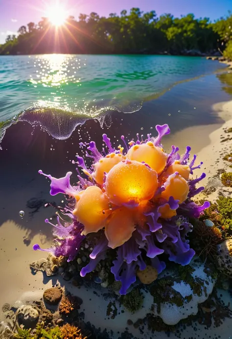 Ocean water, bobbles, splash. Purple aura, the flora, orchidaceae to fungal spore release
To algaes in the coral reef
Florida orange, Georgia peach, Lens Flare, Psychedelic, graffiti