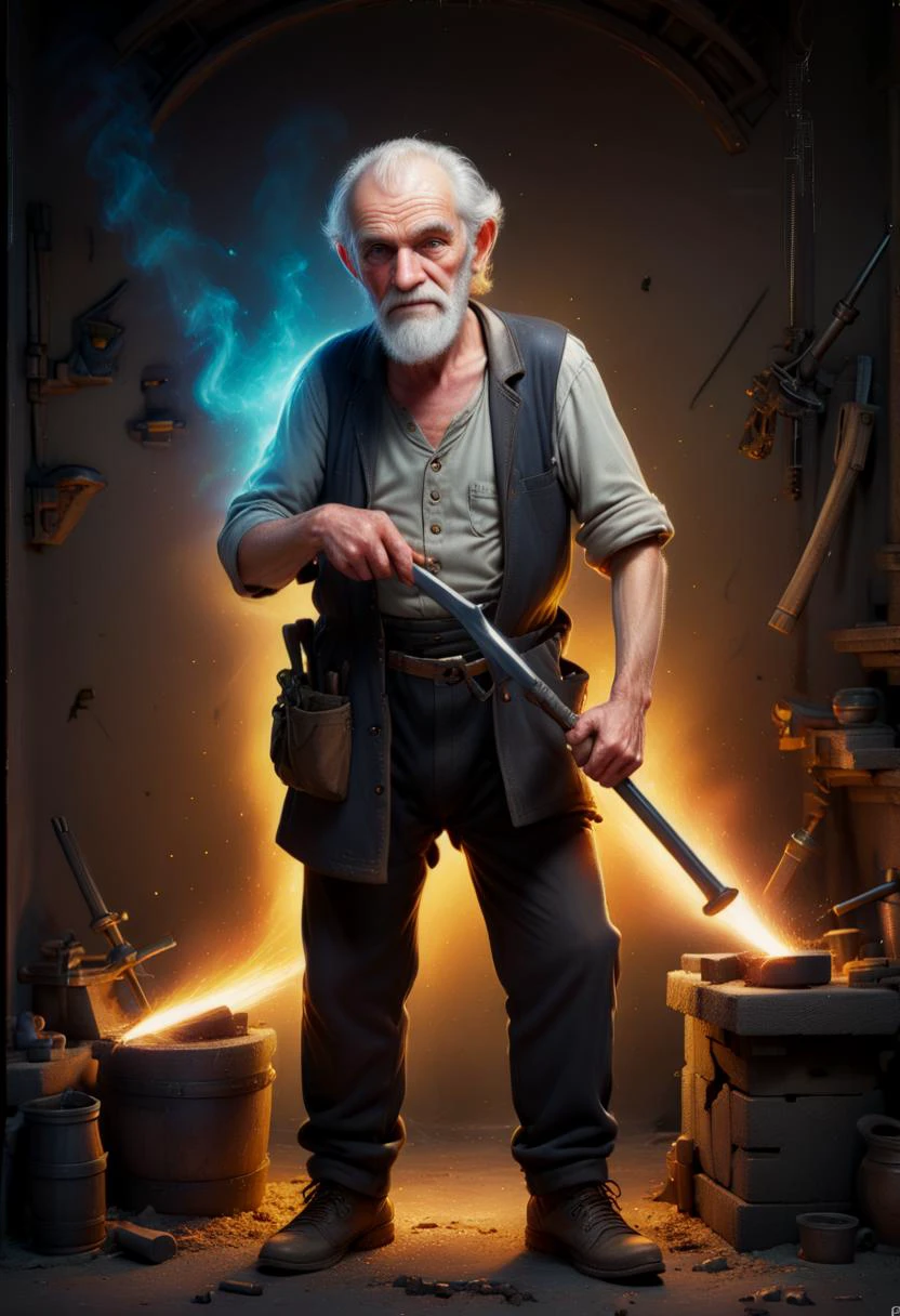(art definition by Lisa Holloway:0.9), (artist design by Justine Kurland:1.1), (kind old man as lowly blacksmith, character blacksmith, glowing auras, detailed bright pupils:1.4), (working hard examining weapons:1.5), (change pose each iteration:2),