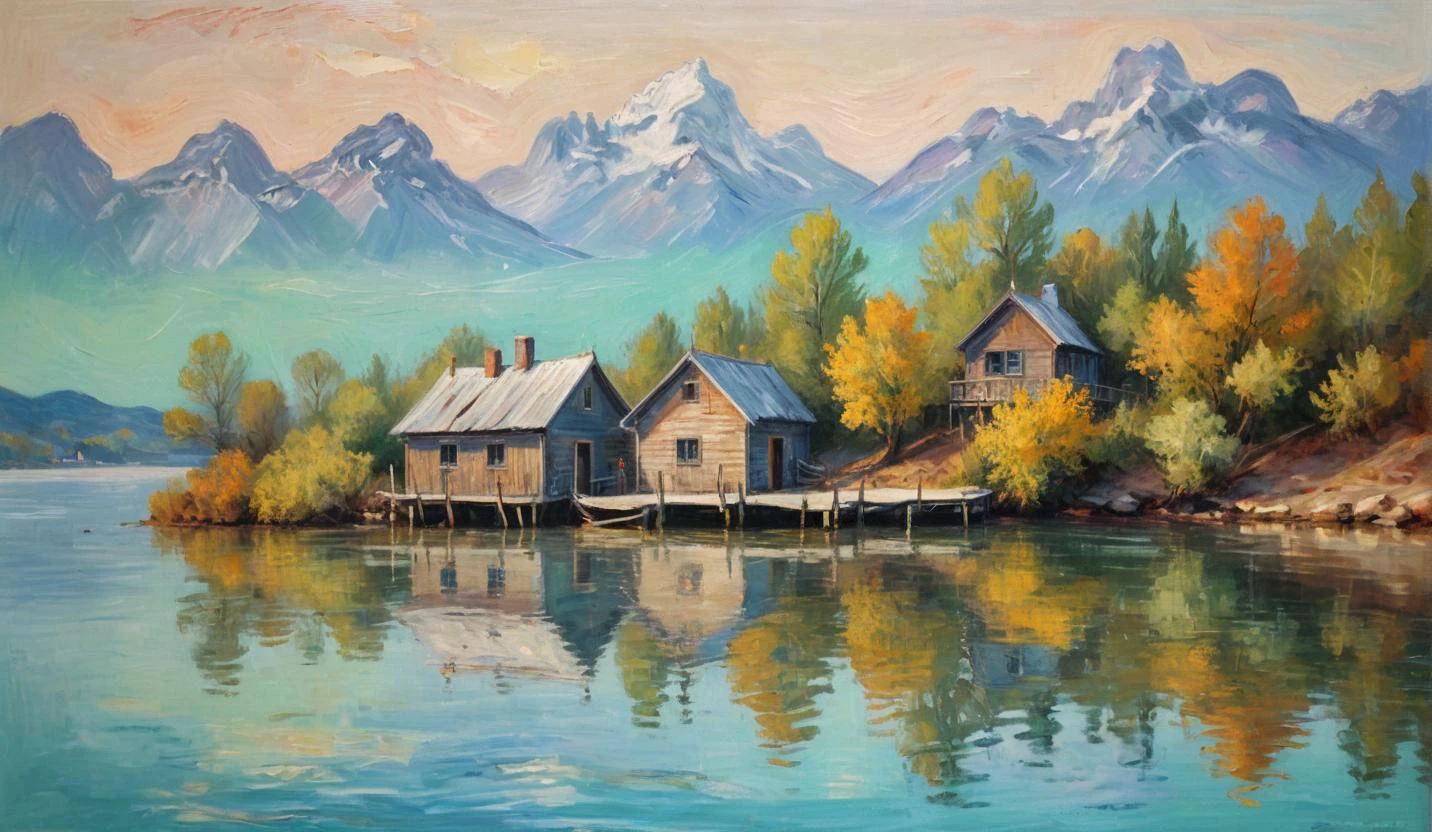 painting in warhol style , van gogh
dreamy house on the lake, jetty, old thick rope, light mist over the water, sunny sky, wooden walls marked by the water,
beautiful slightly blurred drawing in warm pastel colors