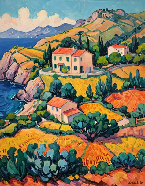 Fauvist Landscape: A vibrant and colorful landscape farmhouse,marseille,Garlaban mountains,ocean,with bold brushstrokes and unnatural colors,vibrat color, inspired by Henri Matisse.