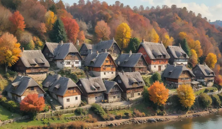painting in warhol style 
sleepy farming village in autumn with many half-timbered houses and thatched roofs, beautiful slightly blurred drawing in warm pastel colors