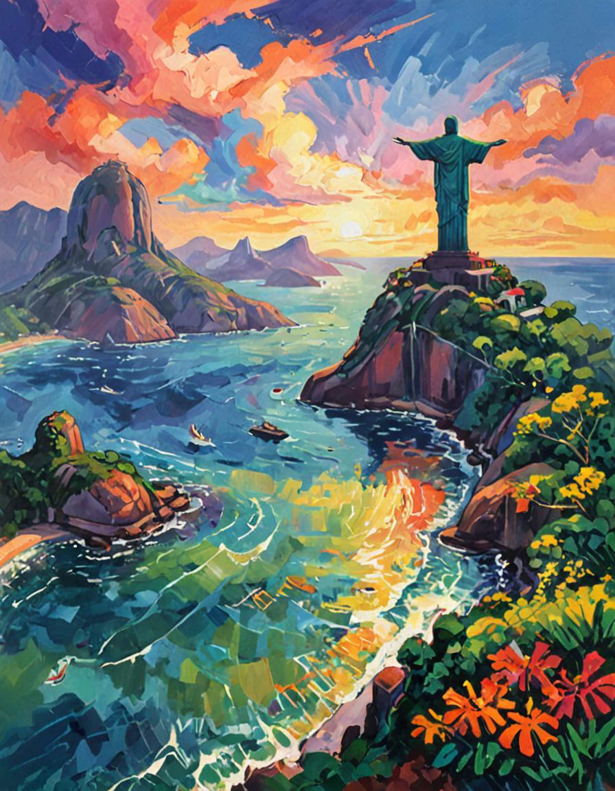 Fauvist Landscape: A vibrant and colorful landscape ,Brazil,Rio de Janeiro,Christ the Redeemer ,ocean,with bold brushstrokes and unnatural colors,vibrat color, inspired by Henri Matisse.