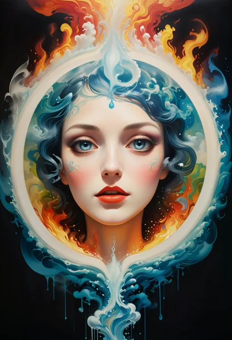 ((surrealism)), dreamlike, (DMT), colorful smoke trails, liquid,  (1920s art deco), best work, natural elements, (fire), (water), earth, wind, painted by masters, highly detailed, organic shapes, light and shadows, Clock, woman's eyed,