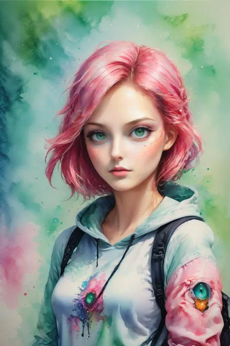 pemo, 1girl, aqua background, backpack, bag, green background, green eyes, hoodie, looking at viewer, nose, pink hair, hair ornament, shirt, short hair, solo, upper body, <lora:PatricieMurcianoXLStyle:1>