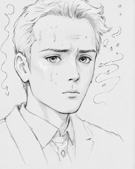 solo, 1boy, monochrome, male_focus, tears, sketch, traditional_media, parody