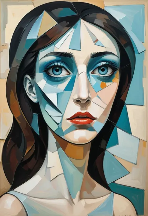 woman, broken glass, in the style of Pablo Picasso, cubism, density of forms,