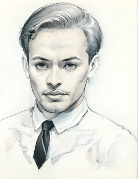 a sketch of a man with a tie on his neck and a shirt on his shirtless chest, looking to the side, Bhupen Khakhar, phuoc quan, a character portrait, precisionism, monochrome, <lora:add-detail-xl:0.7>  <lora:xl_more_art-full_v1:0.5>