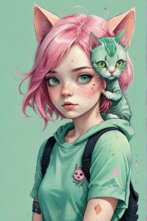 An illustration of a quirky girl with pink hair, in the style of Flat shading, Gemma Correll, with freckles and a cat on her shoulder, photo-manipulated, cyberpunk genre, pastel green