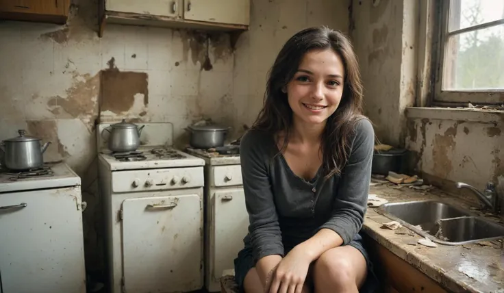 gloomy picture of a woman sitting lonely and melancholic in her old dirty kitchen, her smile looks painful,
yellowed, old, kodak picture with scratches