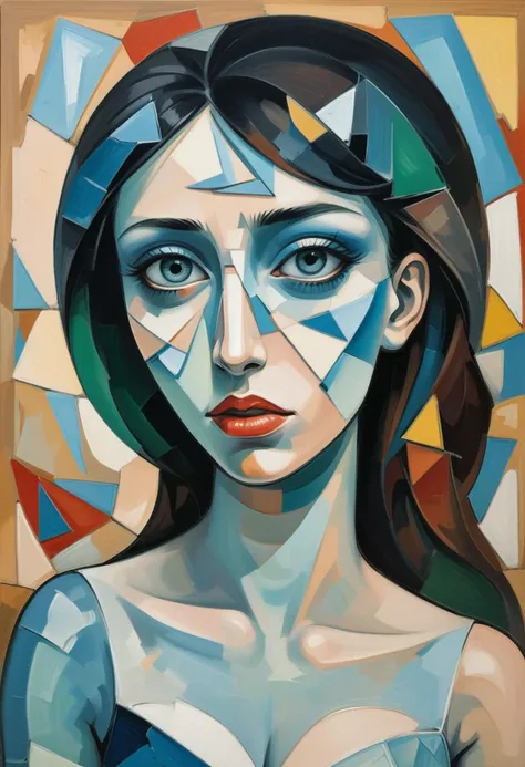 woman, broken glass, in the style of Pablo Picasso, cubism, density of forms,