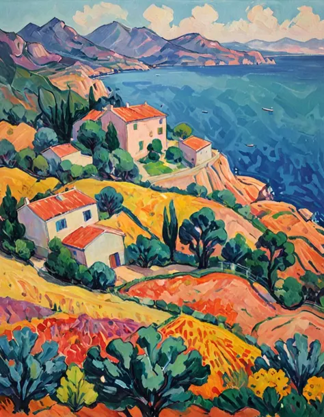 Fauvist Landscape: A vibrant and colorful landscape farmhouse,marseille,Garlaban mountains,ocean,with bold brushstrokes and unnatural colors,vibrat color, inspired by Henri Matisse.