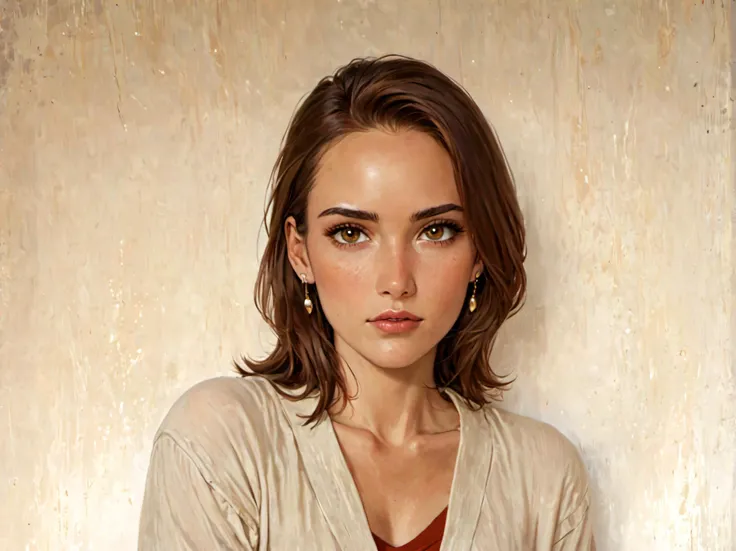 1girl, solo, looking_at_viewer, brown_hair, shirt, brown_eyes, jewelry, upper_body, earrings, lips, forehead, realistic