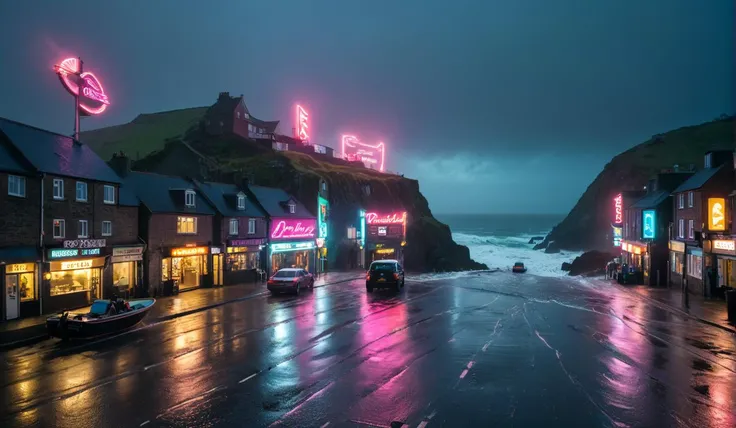 Neon noir impressive landscape of cornwall coast, in winter, heavy waves crushing , foggy misty rainy weather,
boats in rescue, damaged, broken sails, . Cyberpunk, dark, rainy streets, neon signs, high contrast, low light, vibrant, highly detailed