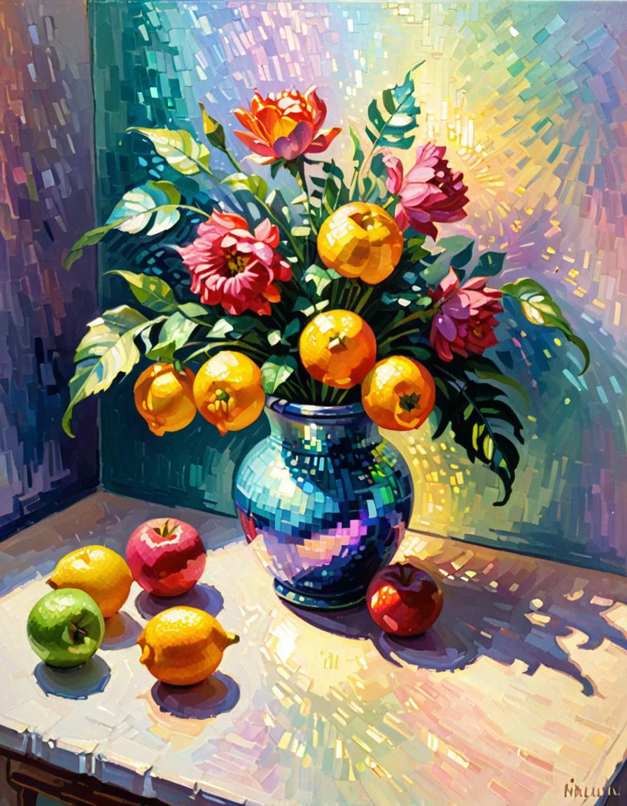 impressionist painting Polychromatic, Still Life, Malani, in Iridescent Takchita, American Impressionism, Light sparkles, Pixel Art, loose brushwork, vibrant color, light and shadow play, captures feeling over form,