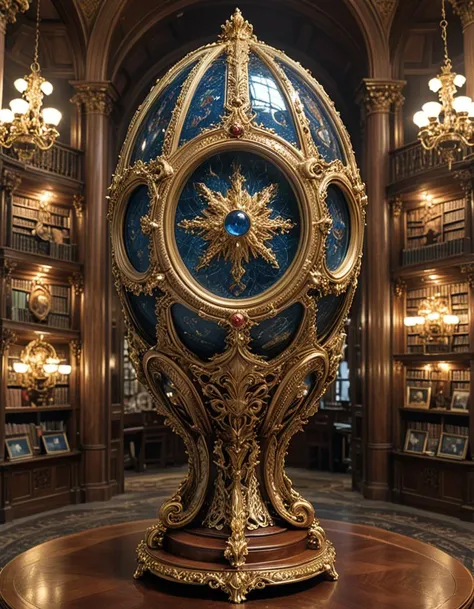 Digital illustration, a Fabergé egg displayed prominently in the library of a Russian tsar. This exquisitely crafted egg, adorned with precious gems and intricate gold filigree, stands on a pedestal surrounded by ornate bookshelves filled with leather-bound tomes. The library's architecture reflects opulent Tsarist Russia, with high ceilings, grand arches, and rich wood paneling. Soft light filters through a stained glass window, casting colorful patterns on the egg and illuminating its delicate craftsmanship. The setting is serene and majestic, encapsulating the luxurious and historical essence of the period, where art and literature meet in the heart of a tsar's private sanctum.Masterpiece,best quality,hi res,8k,hi res,8k,award winning,(sharp focus, intricate, highly detailed), <lora:extremely_detailed:0.8> extremely detailed