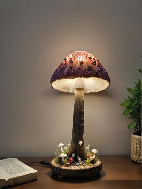 ASCIIthe image showcases a vibrant and colorful lamp that is reminiscent of a mushroom or toadstool. the lamp has a unique, bulbous shape on top with a blue hue, adorned with intricate patterns in various colors such as pink, orange, and green. the base of the lamp exhibits a similar design, complete with a few small mushrooms at its base. the lamp appears to be illuminated, casting an ethereal glow around it. it's set against a backdrop of purple, which contrasts beautifully with the lamp's vivid colors. the overall effect creates a whimsical atmosphere, almost like stepping into a magical forest scene.,the image features a lamp that resembles a tree with mushrooms and flowers, possibly an example of art nouveau or art deco style. the lamp is made up of stained glass, showcasing intricate designs that include vibrant colors such as blue, purple, orange, and green. this artistic choice in materials and design may be reminiscent of the art nouveau movement, which was popular during the late 19th and early 20th centuries. the lamp's unique structure and colorful appearance make it stand out, reflecting the artistic sensibilities of these movements while also serving a functional purpose.
