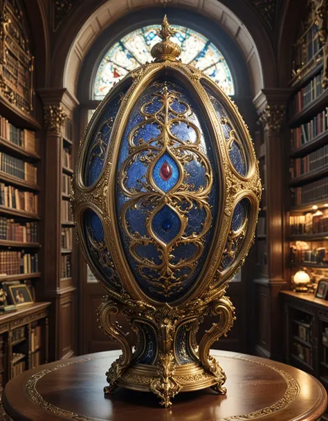 Digital illustration, a Fabergé egg displayed prominently in the library of a Russian tsar. This exquisitely crafted egg, adorned with precious gems and intricate gold filigree, stands on a pedestal surrounded by ornate bookshelves filled with leather-bound tomes. The library's architecture reflects opulent Tsarist Russia, with high ceilings, grand arches, and rich wood paneling. Soft light filters through a stained glass window, casting colorful patterns on the egg and illuminating its delicate craftsmanship. The setting is serene and majestic, encapsulating the luxurious and historical essence of the period, where art and literature meet in the heart of a tsar's private sanctum.Masterpiece,best quality,hi res,8k,hi res,8k,award winning,(sharp focus, intricate, highly detailed), <lora:extremely_detailed:0.8> extremely detailed