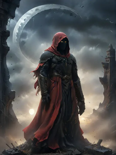 video production style score_10, score_9, score_8_up, score_7_up, score_6_up, score_5_up, score_4_up, the image portrays a dramatic scene with a central figure, reminiscent of a deity or entity, emerging from a large crescent moon. the figure is depicted in a flowing red robe and hood, suggesting movement or transcendence. the background reveals a cityscape, but it appears to be in ruins or chaos, further emphasizing the ominous atmosphere. the color palette predominantly consists of dark grays and blacks, with striking splashes of red highlighting certain elements such as the figure's robe and the crescent moon. the overall composition creates a sense of mystery and drama, with the figure appearing both powerful and otherworldly. . high quality video content, editing techniques, cinematic storytelling, multimedia elements