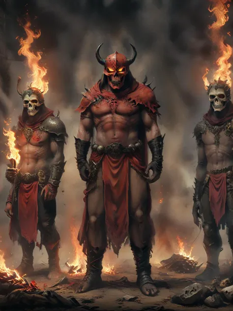 vintage aesthetic comic artwork, three demonic men in costumes with fire burning in their hands, unreal engine h 768, skulls at her hips, in a horned helmet, the reaper, inspired by edgar ainsworth, fog!, pile of skulls under his feet, by justin gerard, red robes,  Swide shot, rob mcnaughton, characters 8k symmetrical, cauldrons, modular game dev art, crosshatching, 2d, sharp, detailed, hd, hdr, high quality, high resolution, masterpiece . nostalgic, classic, aged, retro designs