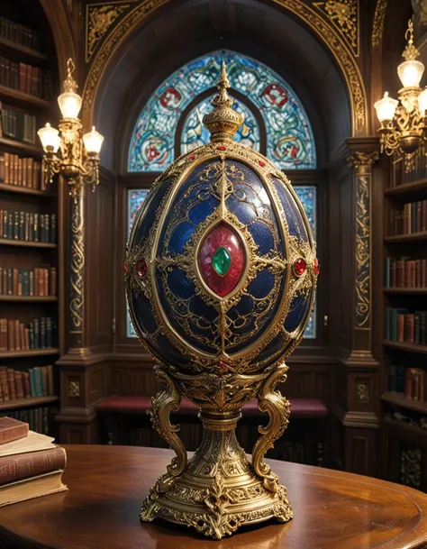 Digital illustration, a Fabergé egg displayed prominently in the library of a Russian tsar. This exquisitely crafted egg, adorned with precious gems and intricate gold filigree, stands on a pedestal surrounded by ornate bookshelves filled with leather-bound tomes. The library's architecture reflects opulent Tsarist Russia, with high ceilings, grand arches, and rich wood paneling. Soft light filters through a stained glass window, casting colorful patterns on the egg and illuminating its delicate craftsmanship. The setting is serene and majestic, encapsulating the luxurious and historical essence of the period, where art and literature meet in the heart of a tsar's private sanctum.Masterpiece,best quality,hi res,8k,hi res,8k,award winning,(sharp focus, intricate, highly detailed), <lora:extremely_detailed:0.8> extremely detailed