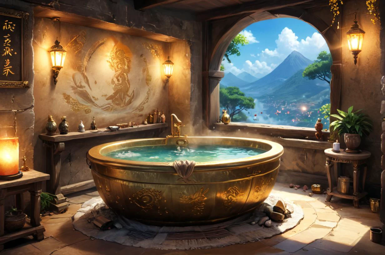 anime artwork best quality, masterpiece,
bathroom with golden satou daiji, ancient times of orient, steamy bathtub
stars sparkling with magical powder from sky down to place of love, . anime style, key visual, vibrant, studio anime, highly detailed