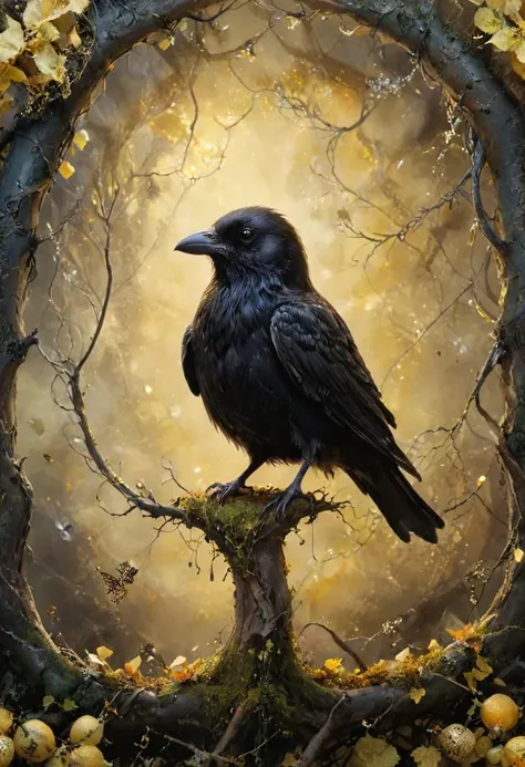 realistic photography an adult raven with ominous caw in an enchanted wonderland, magical surroundings, spiderwebs, smokeswirls, lemon yellow theme, beautiful whimsical fantasy art concept, detailed background, intricate details, ultra sharp, realism