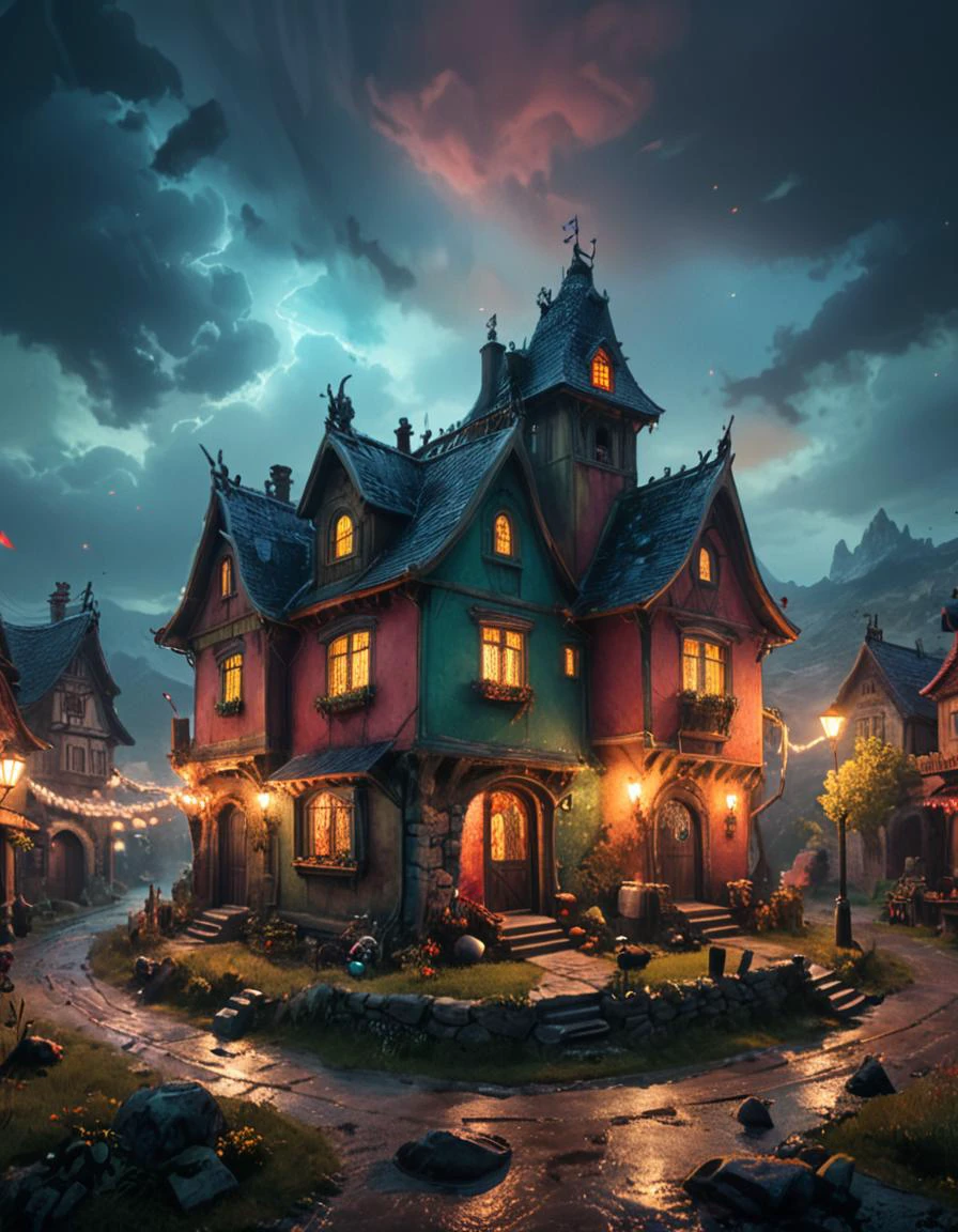 (horror theme,:2)Fauvist Landscape: A vibrant and colorful (fantasy landscape) of fantasy world, ghost town,witch house with bold brushstrokes and unnatural colors, inspired by Henri Matisse.photorealistic, amazing quality, ultra realistic, 3D, HD, best quality, amazing quality, very aesthetic, absurdres, <lora:extremely_detailed:0.8> extremely detailed, glow effects, godrays, Hand drawn, render, 8k, octane render, cinema 4d, blender, dark, atmospheric 4k ultra detailed, cinematic, Sharp focus, big depth of field, Masterpiece, colors, 3d octane render, 4k, concept art, trending on artstation, hyperrealistic, Vivid colors, extremely detailed CG unity 8k wallpaper, trending on CGSociety, Intricate, High Detail, dramatic