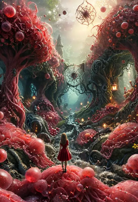 realistic photography an adult sprite with mischievous smile in an enchanted wonderland, magical surroundings, spiderwebs, smokeswirls, ruby theme, beautiful whimsical fantasy art concept, detailed background, intricate details, ultra sharp, realism <lora:rbbrwrld:1> rbbrwrld