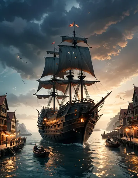 dystopian style ethereal fantasy concept art of Digital illustration, A Spanish pirate ship, majestic and foreboding, moored in the bustling port of a pirate town at night. The ship's intricate design and towering masts stand out against the dark night sky, illuminated by the flickering lights from the town. The town itself is alive with activity, its streets teeming with people from all walks of pirate life, merchants, adventurers, and locals mingling in the lively atmosphere. Buildings, constructed in a style that blends colonial architecture with makeshift, sea-worn materials, line the waterfront, their windows glowing warmly. The scene captures the essence of a pirate haven, where tales of the sea are traded as freely as the goods in the market. The air is filled with the sounds of laughter, music, and the occasional clink of swords, evoking a sense of lawlessness and freedom. The ship, an imposing presence in the port, hints at the recent return from a successful voyage, its sails still whispering with the wind of open seas,photorealistic, amazing quality, ultra realistic, 3D, HD, best quality, amazing quality, very aesthetic, absurdres, <lora:extremely_detailed:0.8> extremely detailed, magnificent, celestial, ethereal, painterly, epic, majestic, magical, fantasy art, cover art, dreamy, bleak, post-apocalyptic, somber, dramatic, highly detailed
