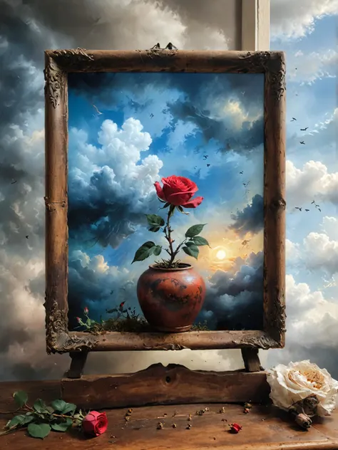 stop motion style painting of a red rose in a vase on a table, dream heavenly cloudy sky, enchanted dreams. instagram, inspired by maxfield parrish, inspired by arnold bcklin, wip, playful!!!, float, style of salvator rosa, vast seas, inspired by fernand toussaint, 2056 x 2056, not cropped, nature . frame by frame, physical objects, tactile feel, crafted characters