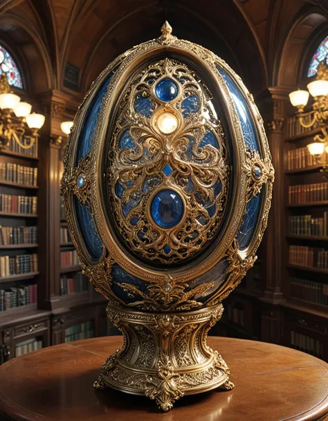 Digital illustration, a Fabergé egg displayed prominently in the library of a Russian tsar. This exquisitely crafted egg, adorned with precious gems and intricate gold filigree, stands on a pedestal surrounded by ornate bookshelves filled with leather-bound tomes. The library's architecture reflects opulent Tsarist Russia, with high ceilings, grand arches, and rich wood paneling. Soft light filters through a stained glass window, casting colorful patterns on the egg and illuminating its delicate craftsmanship. The setting is serene and majestic, encapsulating the luxurious and historical essence of the period, where art and literature meet in the heart of a tsar's private sanctum.Masterpiece,best quality,hi res,8k,hi res,8k,award winning,(sharp focus, intricate, highly detailed), <lora:extremely_detailed:0.8> extremely detailed