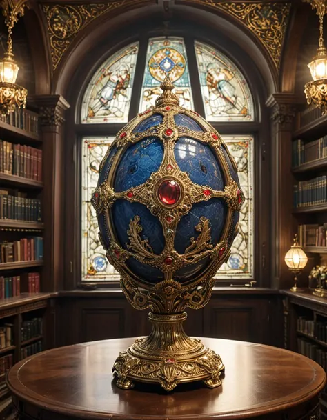 Digital illustration, a Fabergé egg displayed prominently in the library of a Russian tsar. This exquisitely crafted egg, adorned with precious gems and intricate gold filigree, stands on a pedestal surrounded by ornate bookshelves filled with leather-bound tomes. The library's architecture reflects opulent Tsarist Russia, with high ceilings, grand arches, and rich wood paneling. Soft light filters through a stained glass window, casting colorful patterns on the egg and illuminating its delicate craftsmanship. The setting is serene and majestic, encapsulating the luxurious and historical essence of the period, where art and literature meet in the heart of a tsar's private sanctum.Masterpiece,best quality,hi res,8k,hi res,8k,award winning,(sharp focus, intricate, highly detailed), <lora:extremely_detailed:0.8> extremely detailed