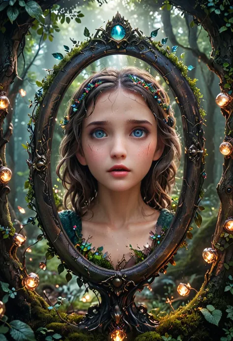 (masterpiece), (best quality), (ultra-detailed), cinematic still turn back time with a magic mirror in a mysterious enchanted forest. . emotional, harmonious, vignette, highly detailed, high budget, bokeh, cinemascope, moody, epic, gorgeous, film grain, grainy, illustration, disheveled hair, detailed eyes, perfect composition, moist skin, intricate details, earrings, by wlop
