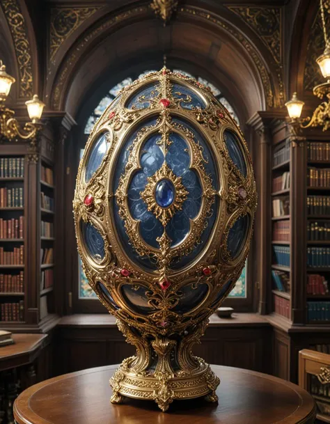 Digital illustration, a Fabergé egg displayed prominently in the library of a Russian tsar. This exquisitely crafted egg, adorned with precious gems and intricate gold filigree, stands on a pedestal surrounded by ornate bookshelves filled with leather-bound tomes. The library's architecture reflects opulent Tsarist Russia, with high ceilings, grand arches, and rich wood paneling. Soft light filters through a stained glass window, casting colorful patterns on the egg and illuminating its delicate craftsmanship. The setting is serene and majestic, encapsulating the luxurious and historical essence of the period, where art and literature meet in the heart of a tsar's private sanctum.Masterpiece,best quality,hi res,8k,hi res,8k,award winning,(sharp focus, intricate, highly detailed), <lora:extremely_detailed:0.8> extremely detailed