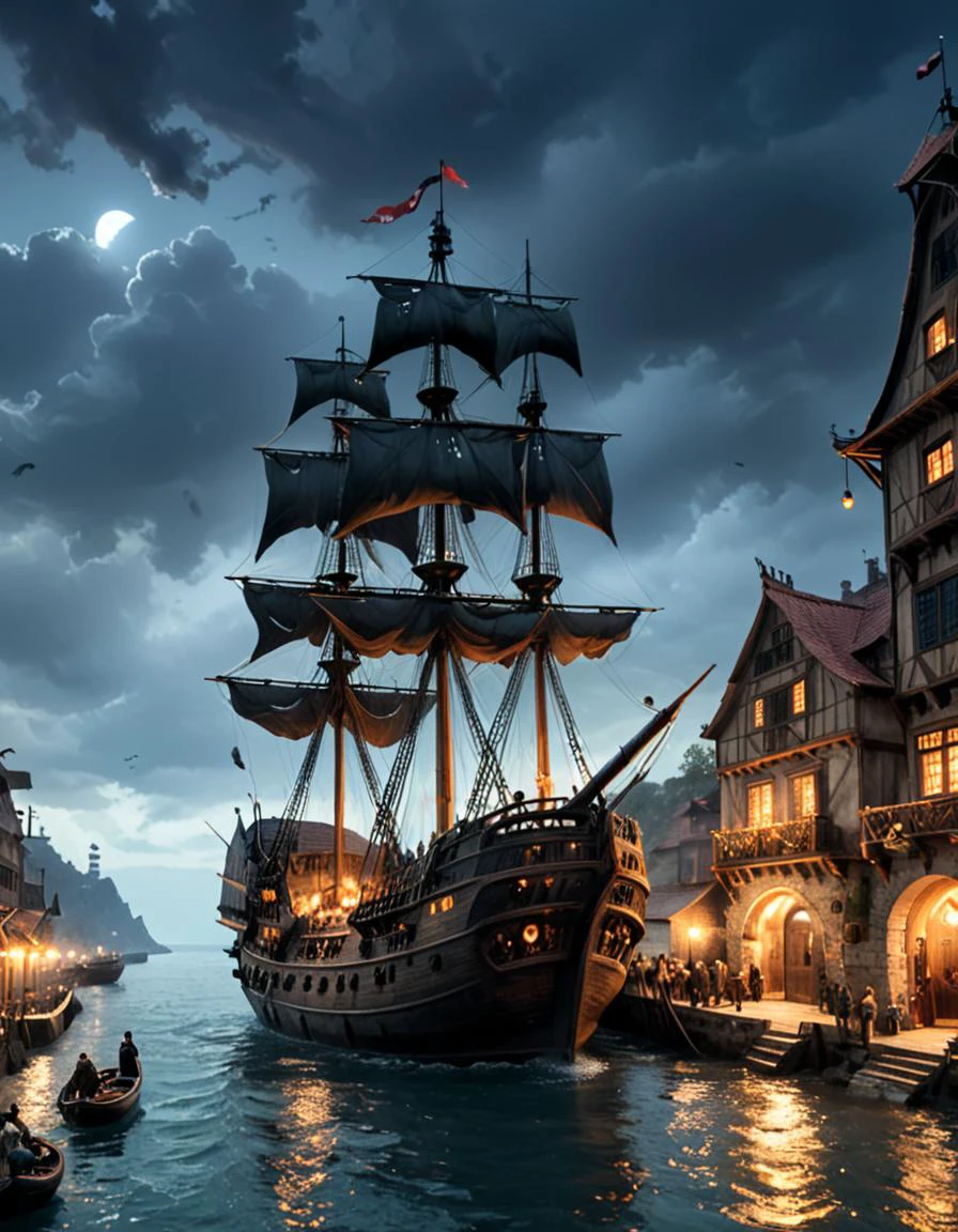 dystopian style ethereal fantasy concept art of Digital illustration, A Spanish pirate ship, majestic and foreboding, moored in the bustling port of a pirate town at night. The ship's intricate design and towering masts stand out against the dark night sky, illuminated by the flickering lights from the town. The town itself is alive with activity, its streets teeming with people from all walks of pirate life, merchants, adventurers, and locals mingling in the lively atmosphere. Buildings, constructed in a style that blends colonial architecture with makeshift, sea-worn materials, line the waterfront, their windows glowing warmly. The scene captures the essence of a pirate haven, where tales of the sea are traded as freely as the goods in the market. The air is filled with the sounds of laughter, music, and the occasional clink of swords, evoking a sense of lawlessness and freedom. The ship, an imposing presence in the port, hints at the recent return from a successful voyage, its sails still whispering with the wind of open seas,photorealistic, amazing quality, ultra realistic, 3D, HD, best quality, amazing quality, very aesthetic, absurdres, <lora:extremely_detailed:0.8> extremely detailed, magnificent, celestial, ethereal, painterly, epic, majestic, magical, fantasy art, cover art, dreamy, bleak, post-apocalyptic, somber, dramatic, highly detailed
