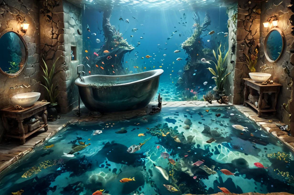 Dreamscape bathroom with overwhelming water drenched carpet, fishes swimming . Surreal, ethereal, dreamy, mysterious, fantasy, highly detailed