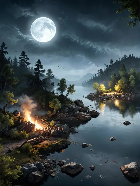 hack and slash game style a view of a full moon rising over a lake with rocks and trees . melee combat, fast paced action, defeating large numbers of enemies
