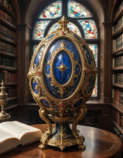 Digital illustration, a Fabergé egg displayed prominently in the library of a Russian tsar. This exquisitely crafted egg, adorned with precious gems and intricate gold filigree, stands on a pedestal surrounded by ornate bookshelves filled with leather-bound tomes. The library's architecture reflects opulent Tsarist Russia, with high ceilings, grand arches, and rich wood paneling. Soft light filters through a stained glass window, casting colorful patterns on the egg and illuminating its delicate craftsmanship. The setting is serene and majestic, encapsulating the luxurious and historical essence of the period, where art and literature meet in the heart of a tsar's private sanctum.Masterpiece,best quality,hi res,8k,hi res,8k,award winning,(sharp focus, intricate, highly detailed), <lora:extremely_detailed:0.8> extremely detailed