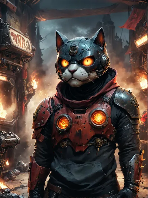 kart racing video game style, colorful tracks, item based gameplay, cartoony characters ((masterpiece)), best quality, cat in power armor hoodie adeptus mechanicus, eyepieces, finely detailed armor, looking away, encrusted with skulls, black and red, warhammer 40k, dark tones, blacksmith shop in the background, sparks, cinematic lighting, hyper realistic