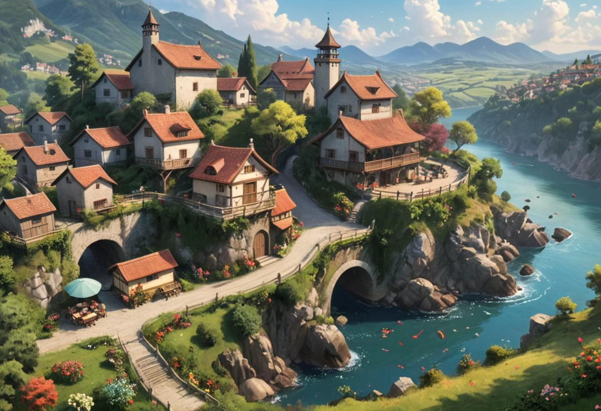 Wide angle digital illustration in the style of Studio Ghibli, (Anime landscape:1.3), Harmonious composition, (Whimsical rolling hills:1.2), Spirited skies, Lively villages, (Colorful flora:1.2), Flowing rivers, Gentle breezes, (Enchanting atmosphere:1.3), Vibrant hues, Dynamic elements, Expressive scenes..Masterpiece,best quality,hi res,8k,hi res,8k,award winning,(sharp focus, intricate, highly detailed), lora:extremely_detailed:0.8> extremely detailed, (Studio ghibli style, Art by Hayao Miyazaki:1.2), Anime Style, Manga Style, Hand drawn, cinematic, Sharp focus, humorous illustration, big depth of field, Masterpiece, concept art, trending on artstation, Vivid colors, Simplified style, trending on ArtStation, trending on CGSociety, Intricate, Vibrant colors, Soft Shading, Simplistic Features, Sharp Angles, Playful