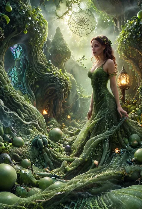 realistic photography an adult genie with alluring promise in an enchanted wonderland, magical surroundings, spiderwebs, smokeswirls, lime theme, beautiful whimsical fantasy art concept, detailed background, intricate details, ultra sharp, realism <lora:rbbrwrld:1> rbbrwrld